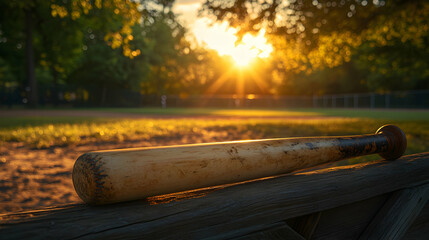 Golden hour sunset casts warm light on a worn baseball bat resting on a wooden fence at a quiet ballpark.