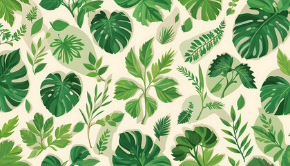 A vector seamless pattern featuring various green leaves and botanical elements. Flat design style with multiple types of tropical and garden leaves (monstera, palm, etc.)