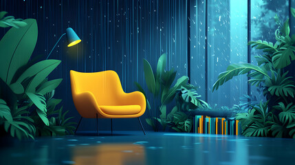 Cozy yellow armchair in a rain-swept room, surrounded by lush tropical plants; a calming, moody atmosphere.