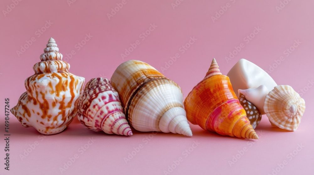 Poster beautiful marine shells arranged for display on a smooth pastel background with soft tones