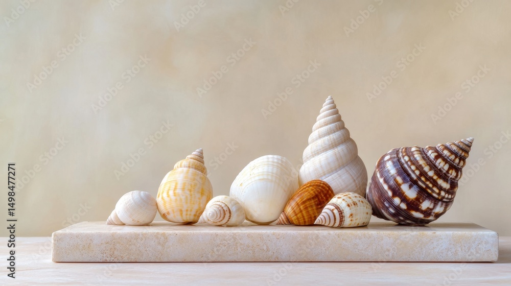 Poster beautiful marine shells arranged for display on a smooth pastel background with soft tones