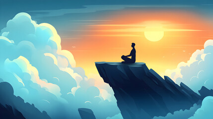 Serene man meditating on a mountaintop at sunset, overlooking a sea of clouds.  Peaceful and tranquil scene.