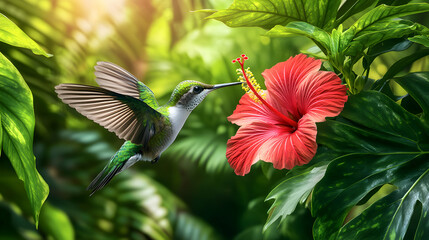 Vibrant hummingbird feeding on a bright red hibiscus flower amidst lush green tropical foliage.  A stunning nature scene showcasing vibrant colors and intricate details.