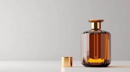 Fototapeta premium Beauty product concept: amber bottle and gold dropper isolated on soft grey studio background