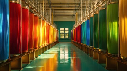Fototapeta premium Vibrant textile rolls in factory setting spectrum of colors industrial production