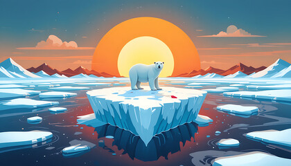 "A vector illustration illustrating climate change: melting ice and a rising sun over Earth. For example, a polar bear on a small melting ice floe or a thermometer icon overlay on the globe. 