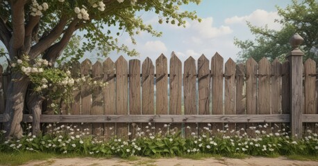 Antique fence, rambling vines, delicate blossoms, weathered wood, vintage frame, growth, flowers