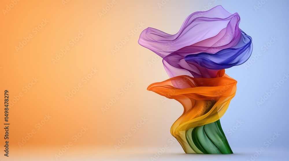 Poster abstract 3d render of colorful pixelated fabric swirling upwards against a soft orange and blue grad