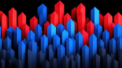 Obraz premium Abstract 3D rendering of a cityscape at night, composed of red and blue geometric shapes resembling buildings against a black background. The image evokes a sense of density and energy.