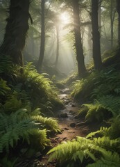 Sunbeams pierce dense foliage, creating ethereal glow on mossy ground and ferns ,  plant,  enchanting,  ethereal