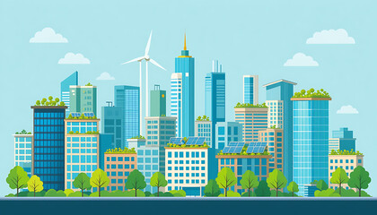 A vector illustration of a modern city skyline with eco-friendly features: buildings with rooftop gardens, solar panels, and wind turbines. Flat design style with green and blue colors.
