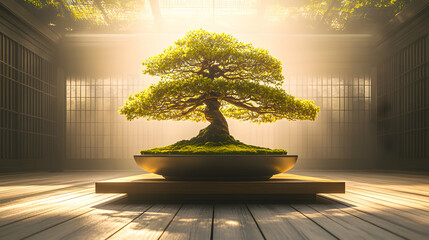 Serene bonsai tree in a sunlit minimalist Japanese-style room.  Perfect for meditation, peace, and tranquility themes.