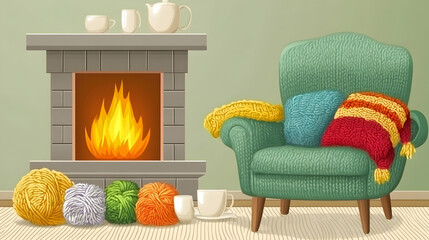 Cozy armchair by fireplace, yarn balls, teacups; autumn or winter scene. Perfect for relaxation, hygge, and home comfort themes.