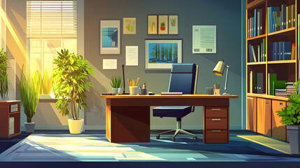 Sunlit modern home office interior with wooden desk, chair, bookshelf, and plants. Ideal for work, productivity, and success themes.