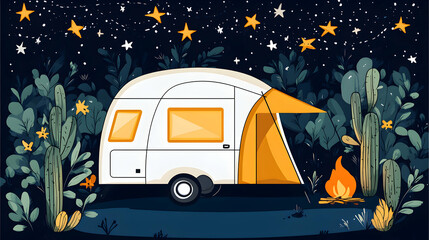 Nighttime camping scene featuring a caravan, tent, campfire, cacti, and starry sky. Ideal for travel, adventure, and outdoor themes.
