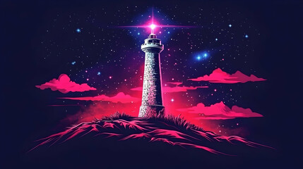 A vibrant, stylized illustration of a lighthouse standing tall on a hilltop under a breathtaking, star-studded night sky, bathed in neon pink and purple hues.