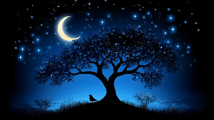 Serene nightscape featuring a silhouetted tree, crescent moon, and twinkling stars. Peaceful, magical atmosphere. Perfect for dreamlike, fantasy themes.