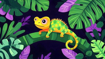 Vibrant illustration of a friendly chameleon perched on a lush green branch amidst tropical foliage. Perfect for children's books, websites, or playful designs.