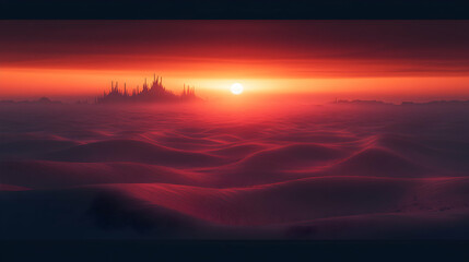 Dramatic sunset over a futuristic city skyline on a red desert landscape.  A vibrant, fiery sky and rolling dunes create a surreal, otherworldly scene.