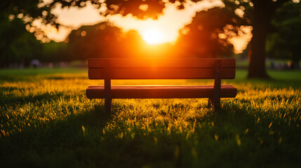 Serene sunset scene featuring a wooden park bench bathed in golden hour light, inviting tranquility and peaceful contemplation.