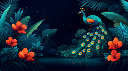 Majestic peacock in lush tropical paradise at night. Vibrant teal peacock feathers against dark foliage, orange flowers.