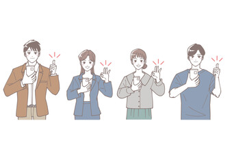 優しい色合いのスマホを持ってグッドサインをしている人物のセット