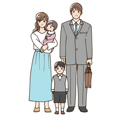 アニメ風の子供が二人いる若い夫婦のイラスト