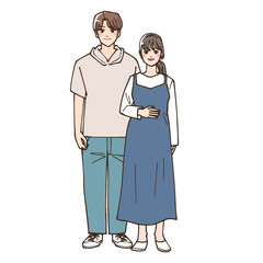 アニメ風の妊娠中の若い奥さんと旦那さんの夫婦