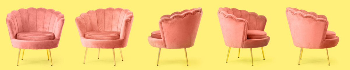 Set of soft armchairs on yellow background