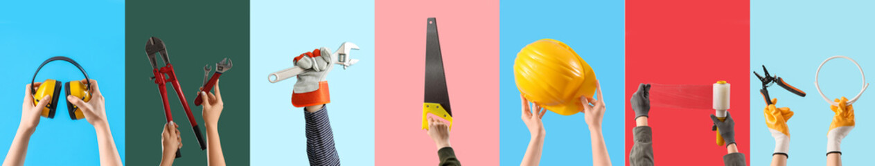 Set of hands with construction tools on color background