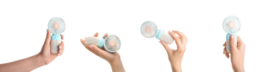 Set of hands with small portable electric fans on white background