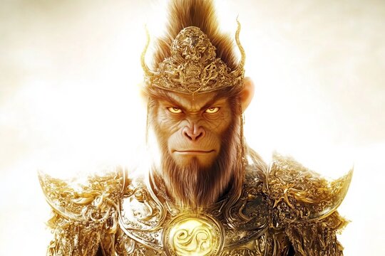 Chinese mythology Sun Wukong Monkey King surrounded by ethereal light against a bright white background