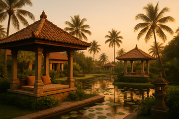 Balinese Resort at Golden Hour with Lotus Pond and Pavilions – Tranquil Tropical Travel Destination