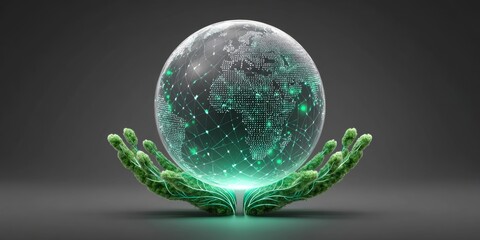 A glowing globe held in green hands with roots and leaves sprouting from it