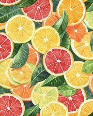 Bright watercolor illustration of fresh citrus fruits including lemon and orange slices with green leaves showing juicy and colorful summer style, perfect for commercial use, healthy food concept