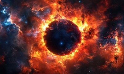 Fiery Planet engulfed in cosmic flames, nebula background; science fiction concept art