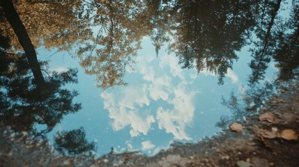 Sky reflection in puddle trees silhouette nature photography calm water surface