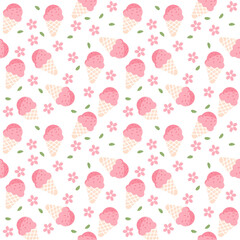 Strawberry Ice Cream and Cherry Blossom Seamless Pattern – Cute Pink Summer Dessert Vector Background