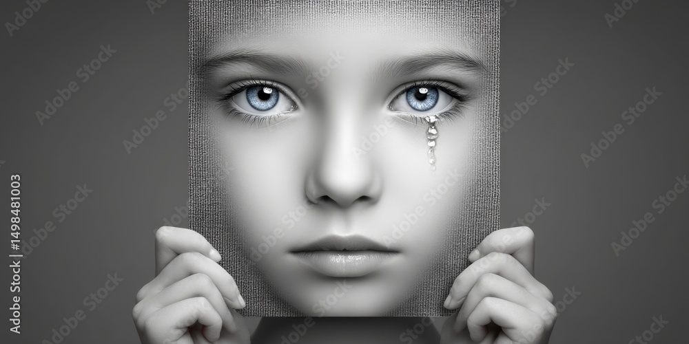 Poster a hyper realistic tear on a child face holding an anti-exploitation poster