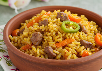 Fototapeta premium Colorful rice dish with meat and vegetables