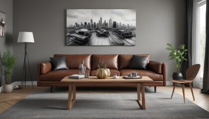 Elegant brown leather couch, wood dining table, black & white photos adorn grey walls  Contemporary chic living space ,  modern,  style