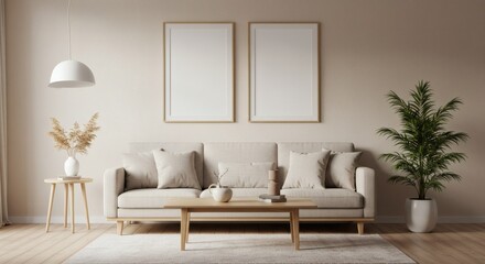 Modern Beige Living Room Interior Design with Wooden Furniture and Plants