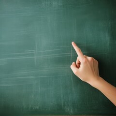 Empty green chalkboard surface with a female hand pointing on the right education concept blank school template
