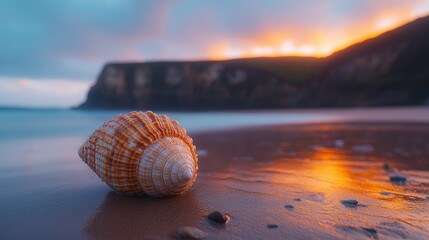 Seashell on golden beach at sunset