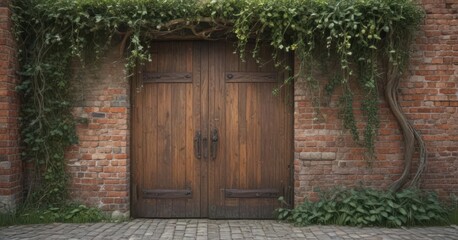 Rustic brick wall, antique wooden door overgrown with vines ,  old wood,  background,  texture