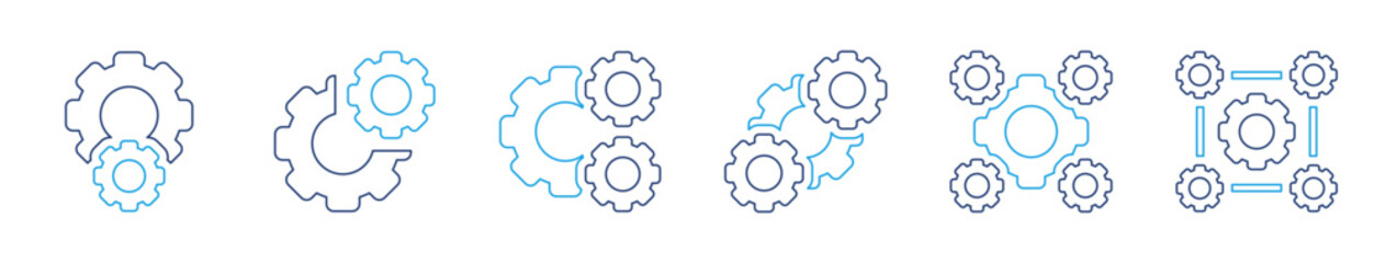 Gear icon collection in line style illustrating configuration, teamwork, automation, integration, and system management