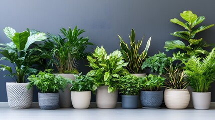 Fototapeta premium Variety of houseplants in decorative pots against a dark wall.