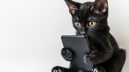 Cute Black Kitten Engrossed in Smartphone on White Background Capturing a Funny Moment for Stock Use