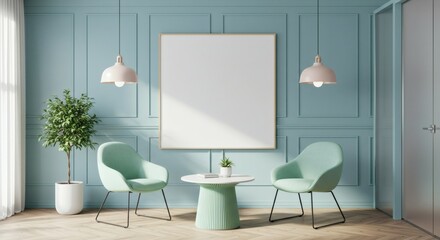 Elegant Mint Green Living Room Interior Design with Modern Chairs and Pendant Lights