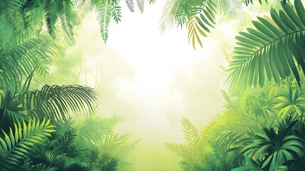 Obraz premium Lush tropical foliage in a misty forest.